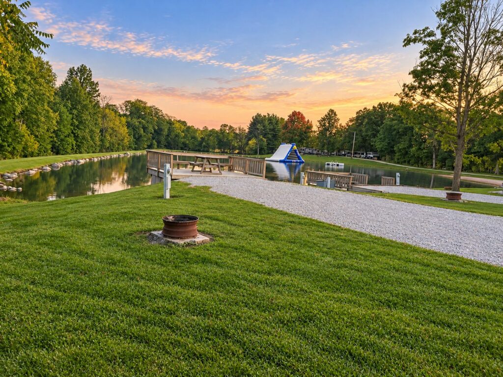 A gravel campsite on the swimming pond with a fire ring, a dock with picnic tables and the water slide