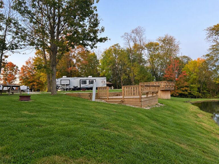 The two deck sites, 93 and 94, with wooden decks above the pond